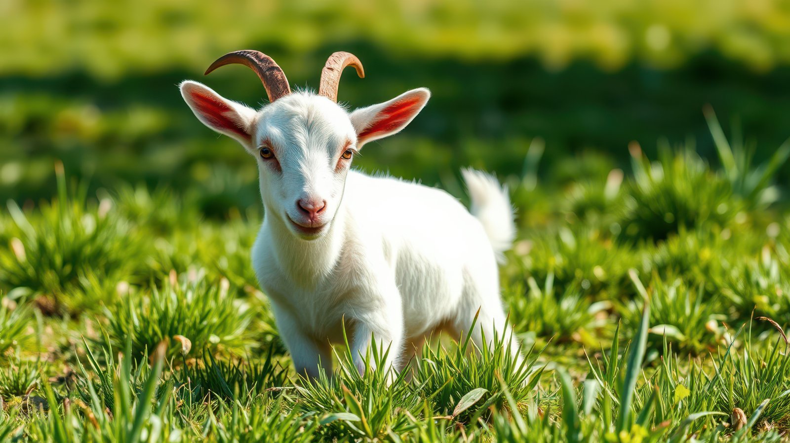 Playful white goat exploring a sunny green meadow in the countryside during spring